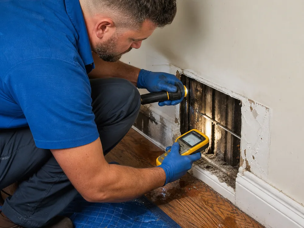 Plumber using a moisture meter and inspection light to locate an active leak near a wall and baseboard
