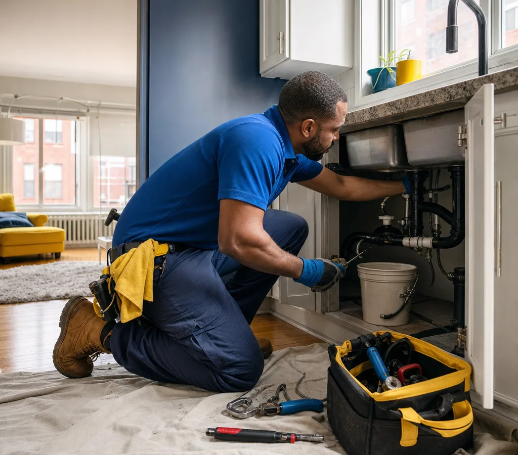 Licensed plumber working beneath a Hartford home sink with professional tools and a protective drop cloth