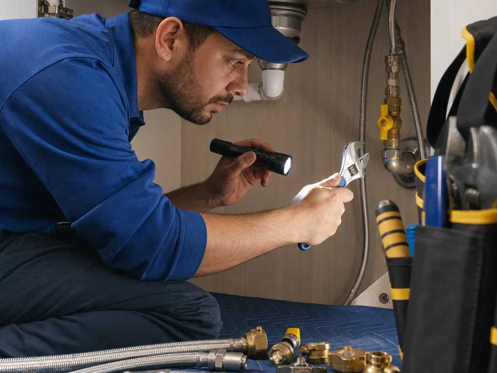 Plumber inspecting a shutoff valve and supply line with neatly arranged tools and fittings
