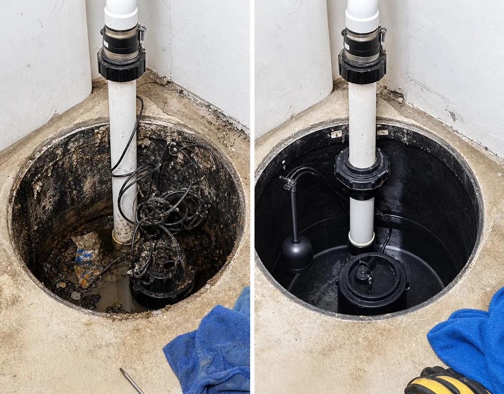 Before and after sump pit showing tangled float cord and debris, then a cleaned pit with a correctly positioned float and tidy discharge connection