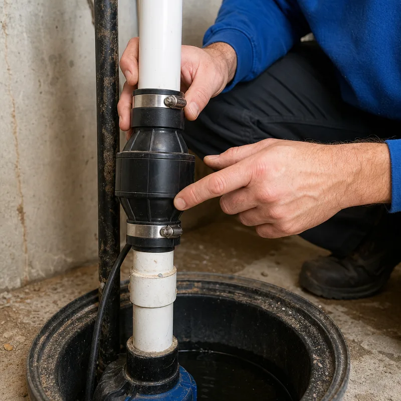 Technician inspecting a sump pump discharge check valve, hose clamps, and flow direction