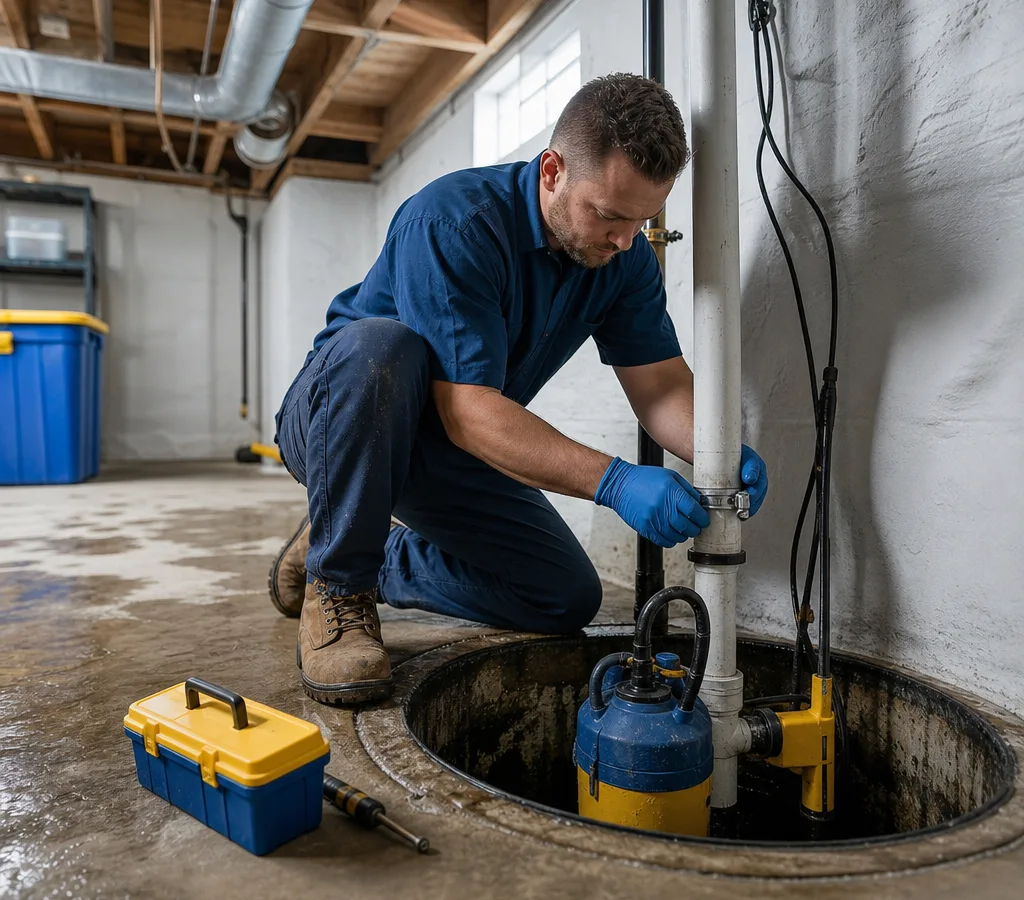 Technician checking a sump pump and discharge line in a clean, well-lit Hartford basement