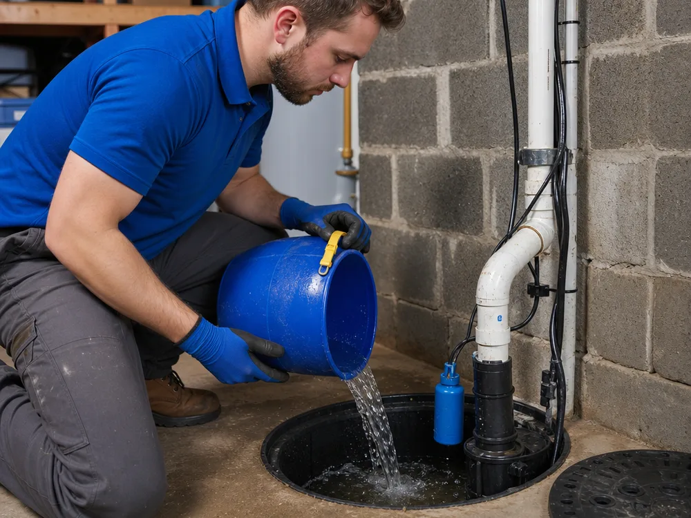 Technician adding water to a sump basin to test float-switch activation and discharge flow
