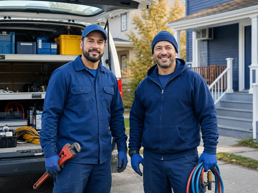 Two Plumbing Rescue Hartford plumbers beside a service van at a residential Hartford property